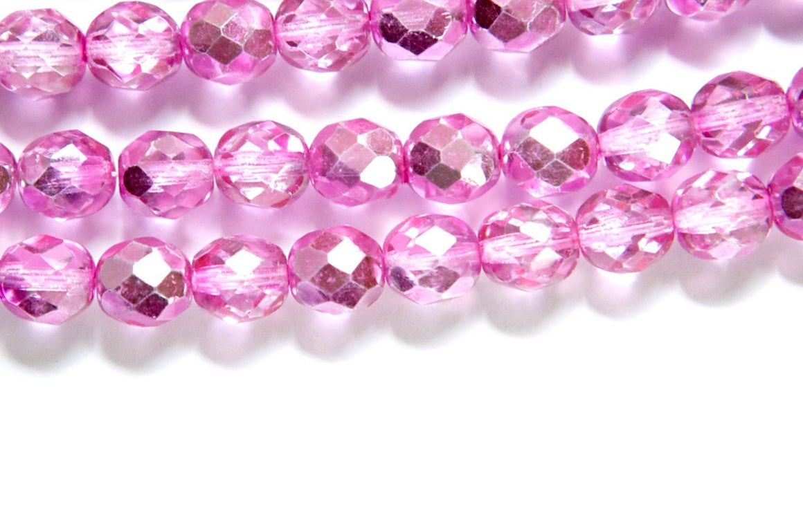 8mm Half Hot Pink / Crystal Firepolish Faceted Glass Beads (25)