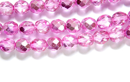 8mm Half Hot Pink / Crystal Firepolish Faceted Glass Beads (25)