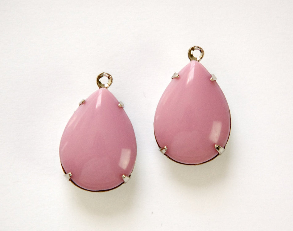 Vintage Mauve Pink Glass Teardrop Stones 1 Loop Silver Setting 18x13mm par006YY