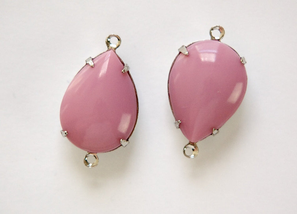 Vintage Mauve Pink Glass Teardrop Stones 2 Loop Silver Setting 18x13mm par006YY2