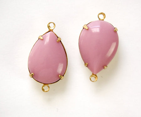 Vintage Mauve Pink Glass Teardrop Stones 2 Loop Brass Setting 18x13mm par004YY2