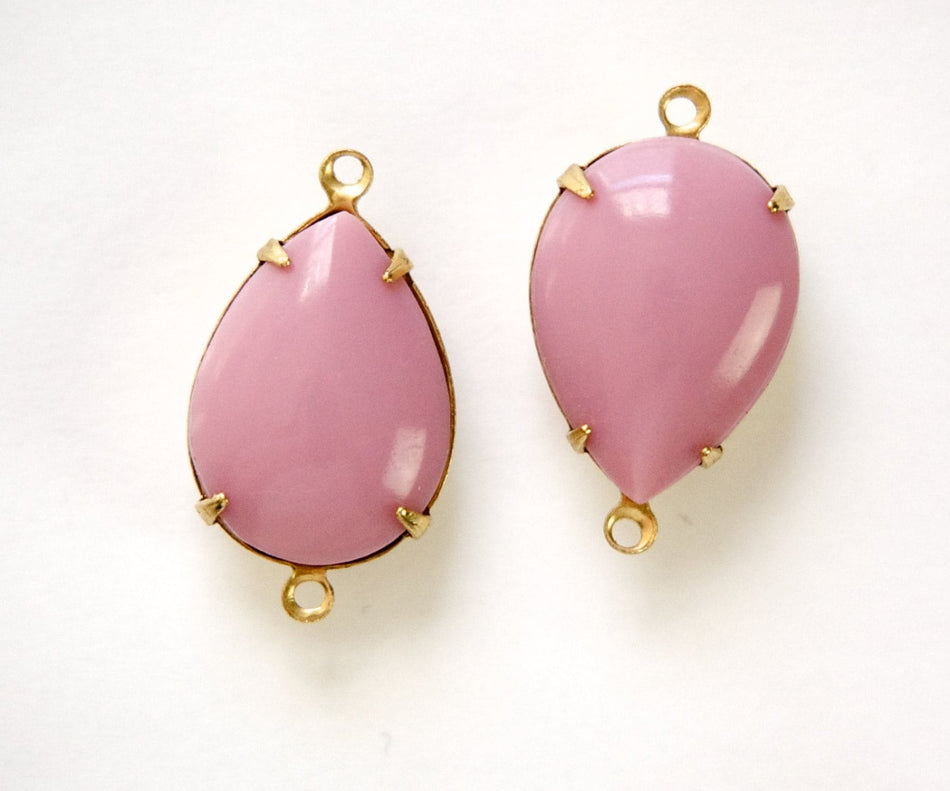Vintage Mauve Pink Glass Teardrop Stones 2 Loop Brass Setting 18x13mm par004YY2