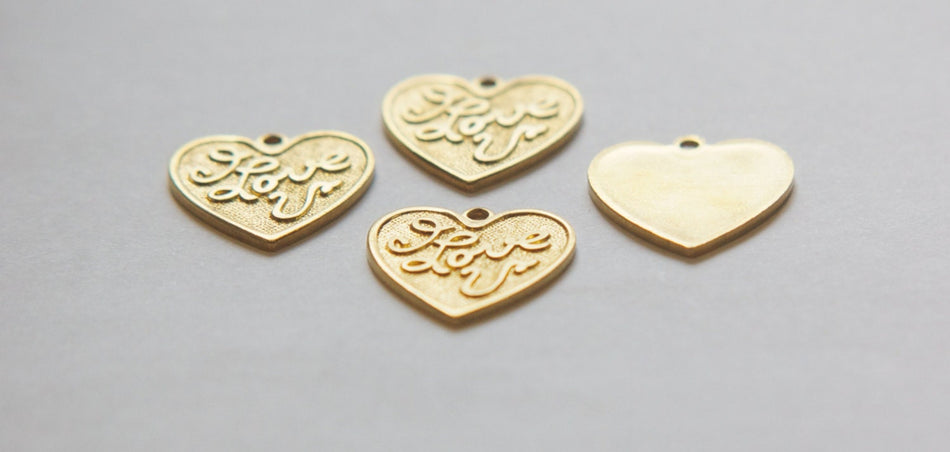 Solid Raw Brass  I LOVE U Word Heart Charm with Loop (4) chr210A