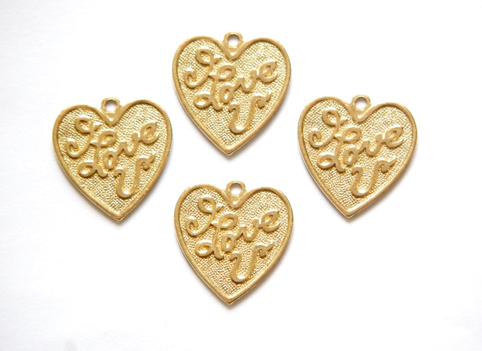 Solid Raw Brass  I LOVE U Word Heart Charm with Loop (4) chr210A