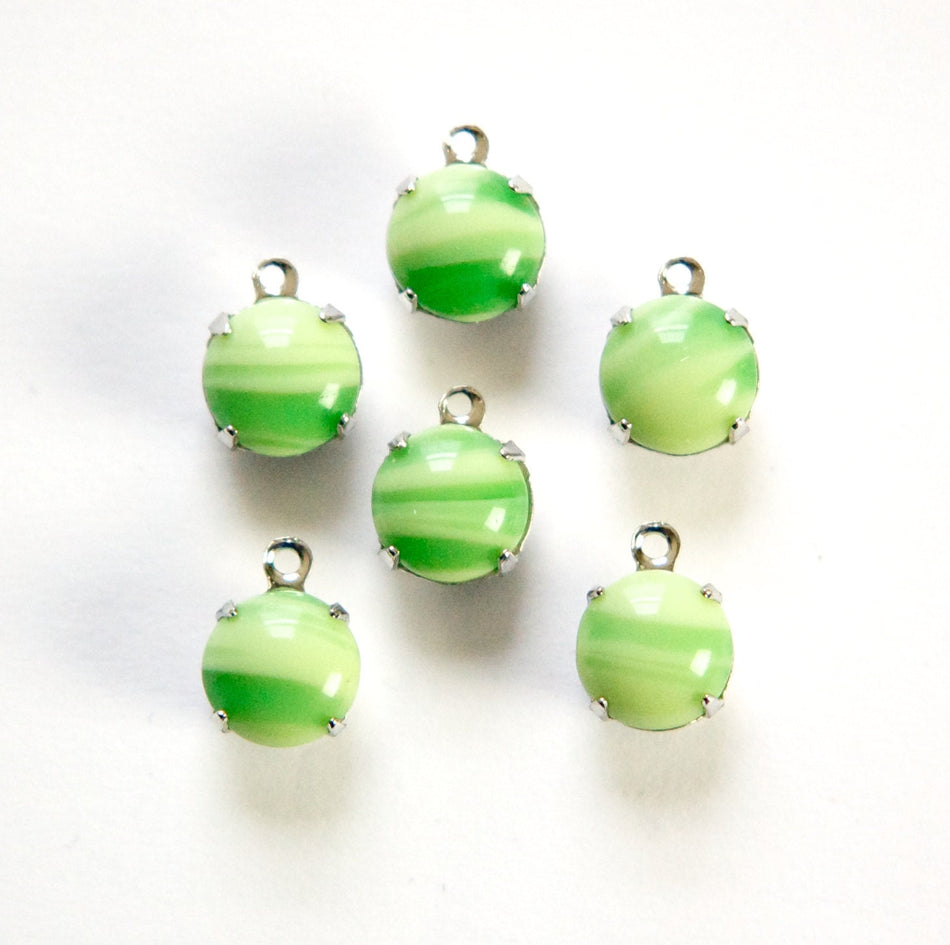 Vintage Opaque 2 Tone Green Glass Stone 1 Loop Silver Plated Setting Drops 8.5mm (6) rnd013E
