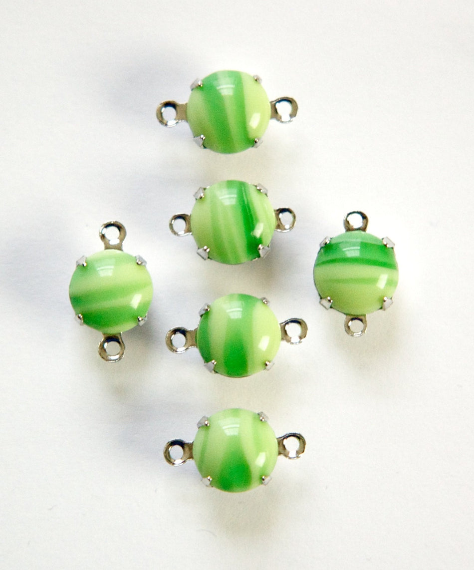 Vintage Opaque 2 Tone Green Glass Stone 2 Loop Silver Plated Setting Drops 8.5mm (6) rnd013E2