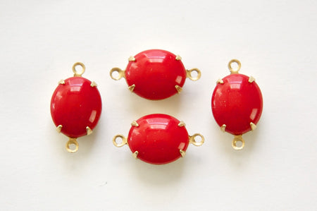 Vintage Opaque Red Oval Stones in 2 Loop Brass Setting 12mmx10mm (4) ovl011J2
