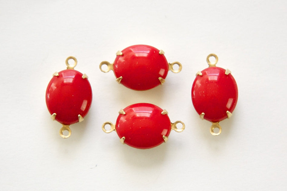 Vintage Opaque Red Oval Stones in 2 Loop Brass Setting 12mmx10mm (4) ovl011J2