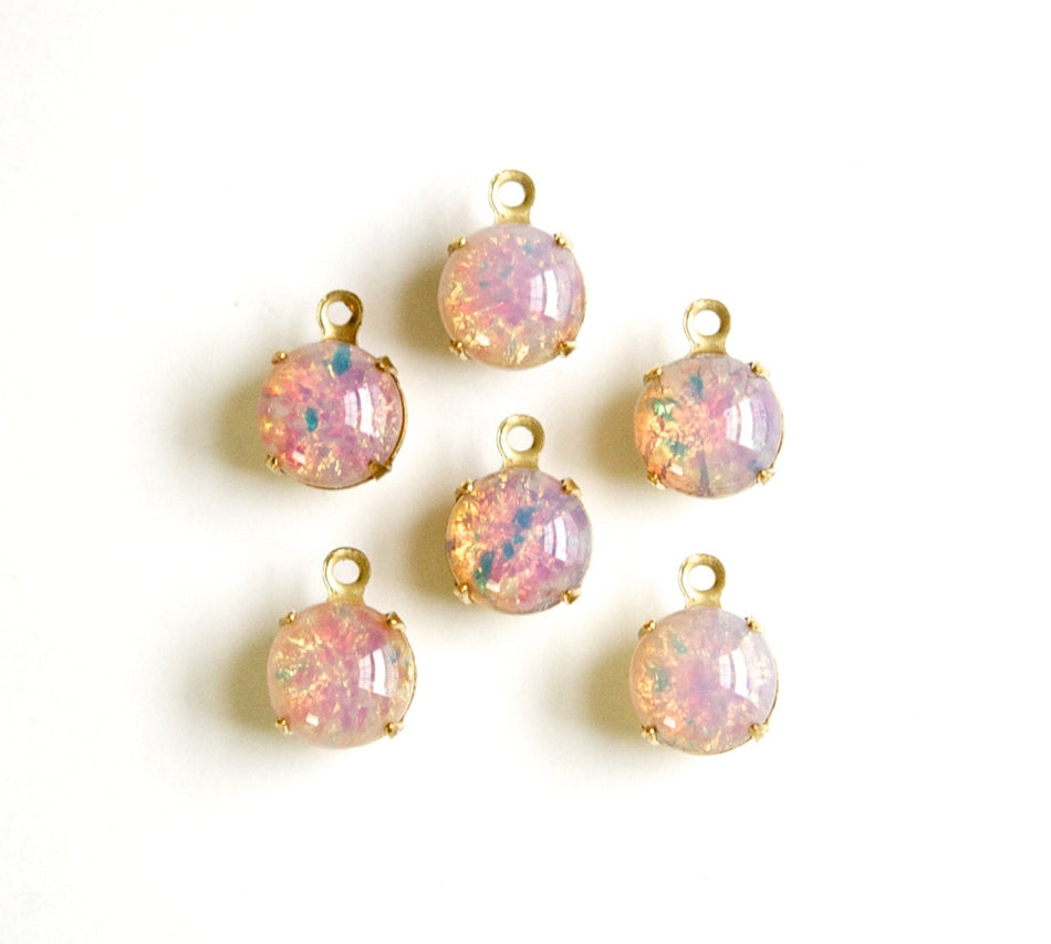 Vintage Fire Opal Glass Stone 1 Loop Brass Setting Drops 8.5mm (6) rnd009G