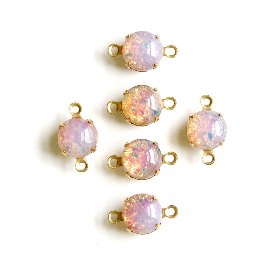 Vintage Fire Opal Glass Stone 2 Loop Brass Setting Drops 8.5mm (6) rnd009G2