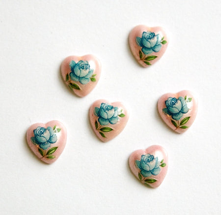 Vintage Glass Heart Cabochons Blue Rose on Pink Japan 8mm (6) cab422H