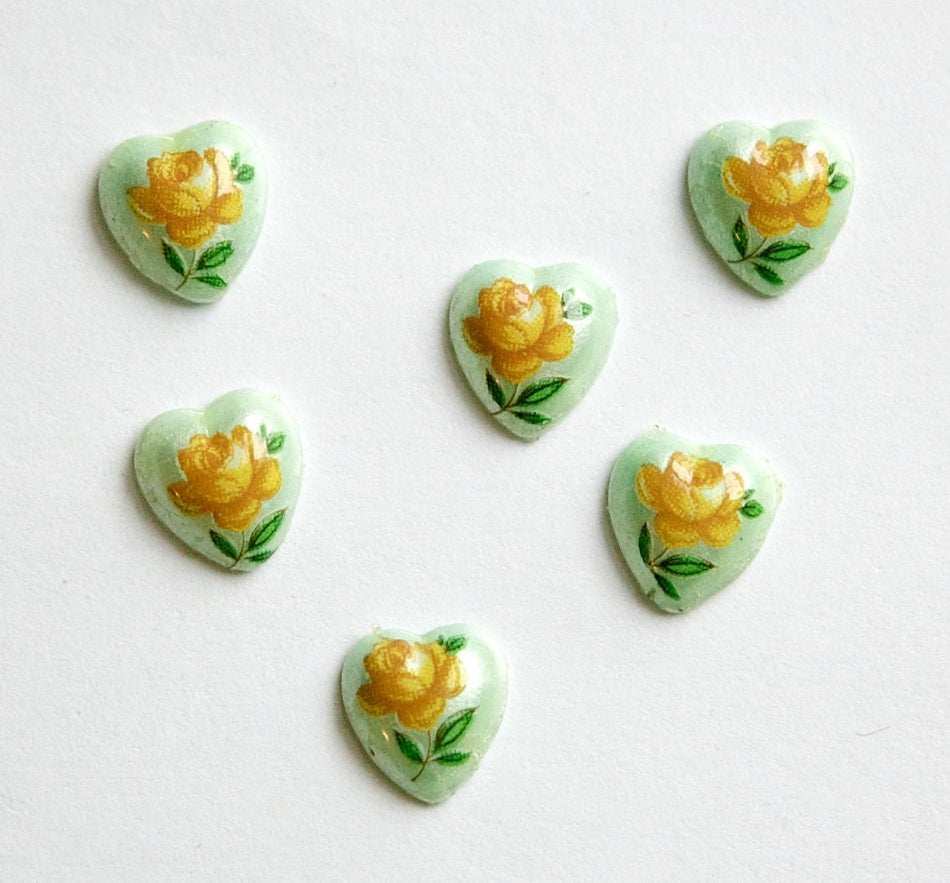 Vintage Glass Heart Cabochons Orange Rose on Green Japan 8mm (6) cab422G