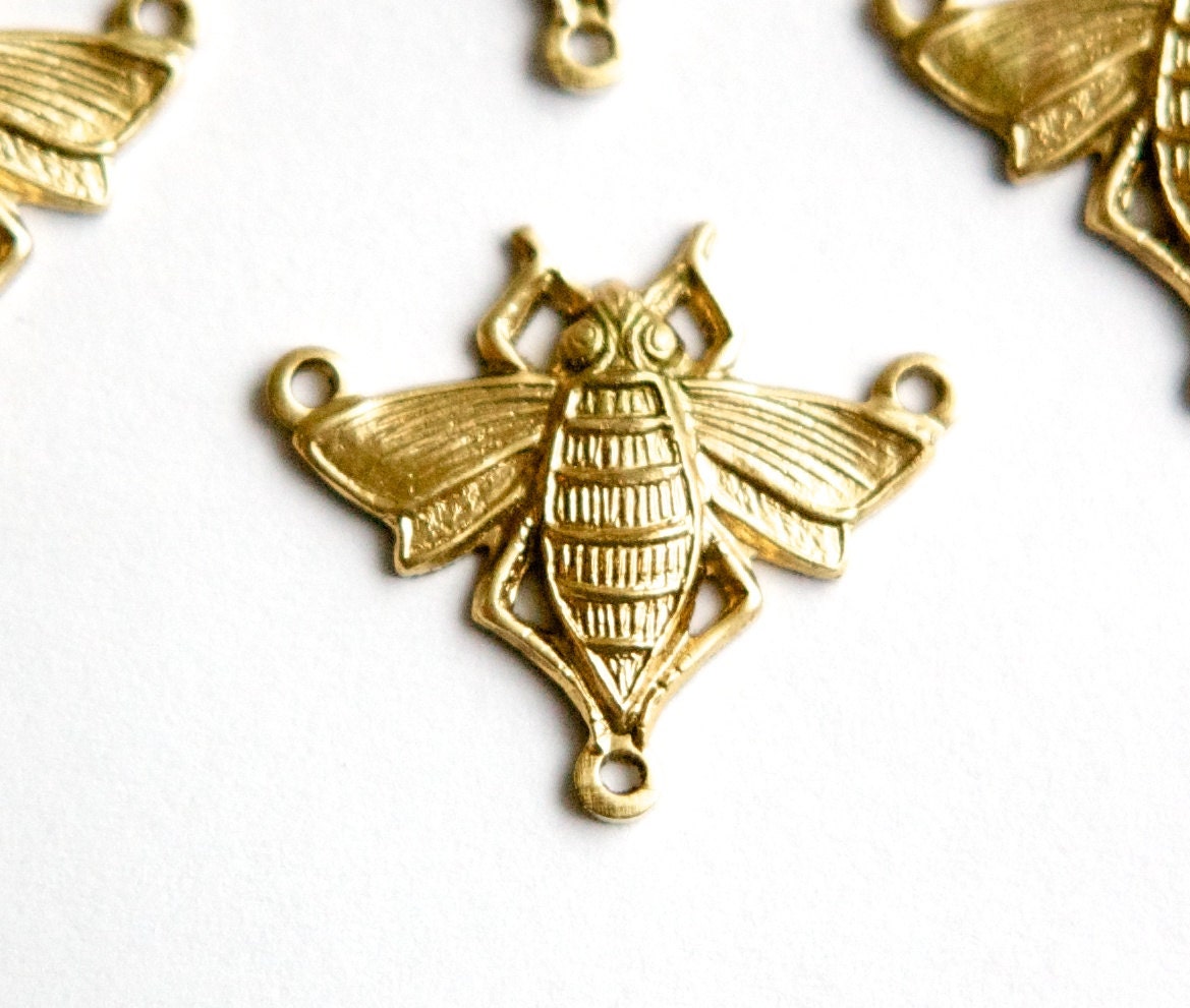 Raw Brass Bee Insect 3 Loop Pendant Connector (4) mtl426A