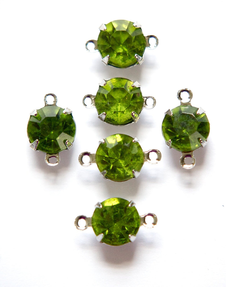Vintage Olivine Green Faceted Glass Stones 2 Loop Silver Settings 8.5mm (6) rnd013B2