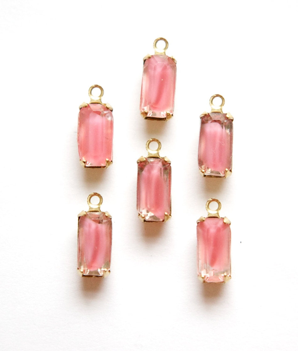 Vintage Pink Givre Glass Octagon in 1 Loop Brass Setting 10x5mm (6)