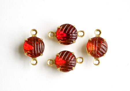 Vintage Etched Cranberry Topaz Glass Stone 2 Loop Brass Setting Drops 8.5mm (4) rnd009H2
