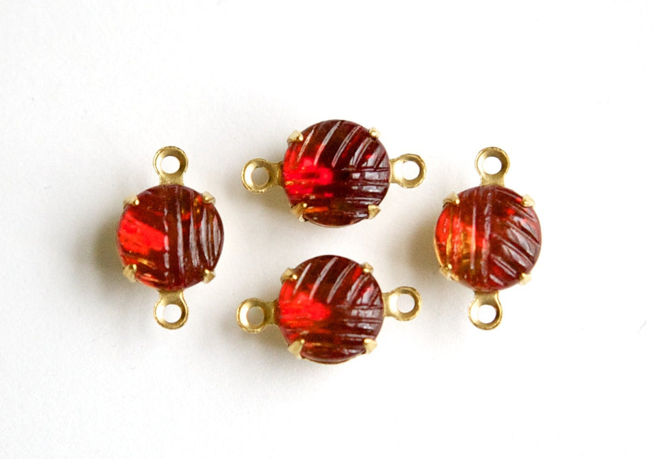 Vintage Etched Cranberry Topaz Glass Stone 2 Loop Brass Setting Drops 8.5mm (4) rnd009H2