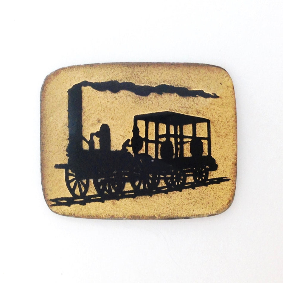 Vintage Steam Engine Train Black on Gold/Brown Intaglio Cabochon (1) int019B