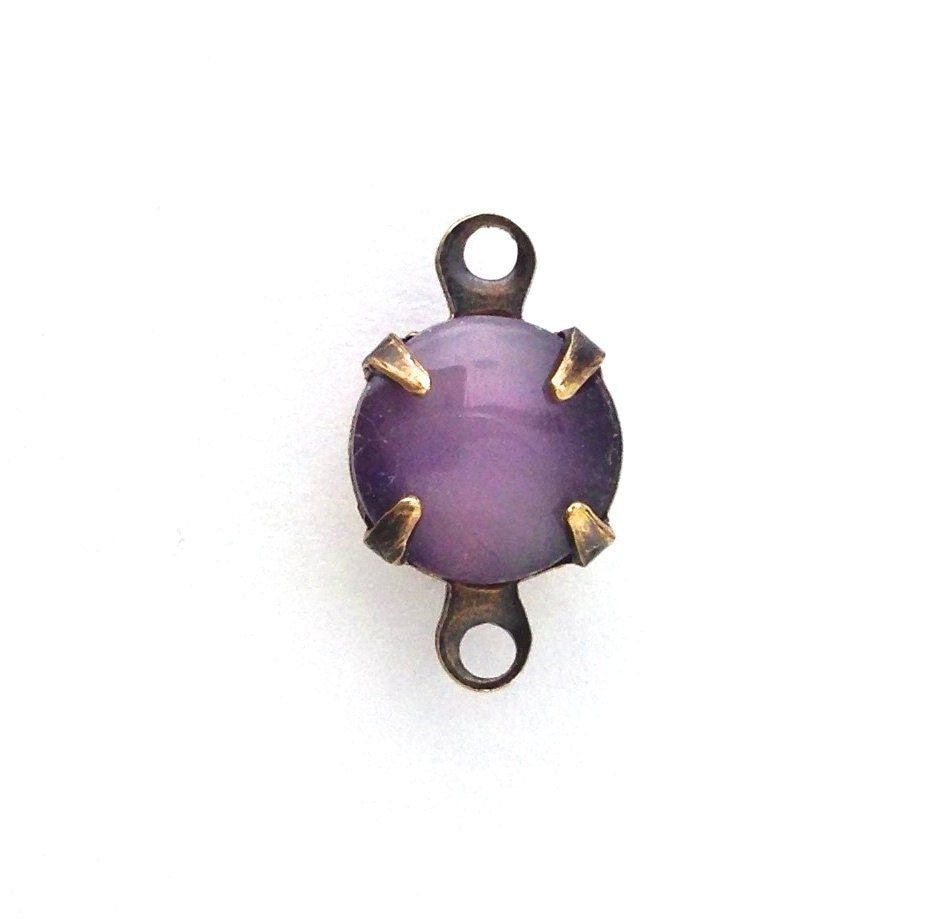 Vintage Purple Moonglow Glass Stone 2 Loop Brass Ox Setting Drops (6) rnd007S2