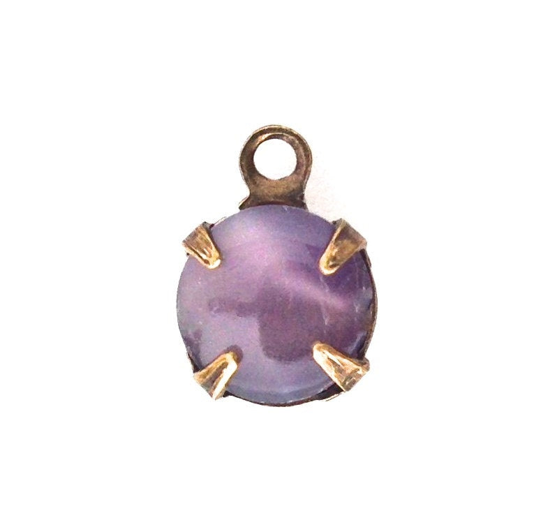 Vintage Purple Moonglow Glass Stone 1 Loop Brass Ox Setting Drops (6) rnd007S