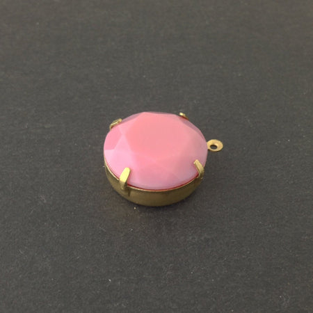 Vintage Opaque Pink Faceted Glass Stone 1 Loop Brass Setting 20mm (1) rnd016B