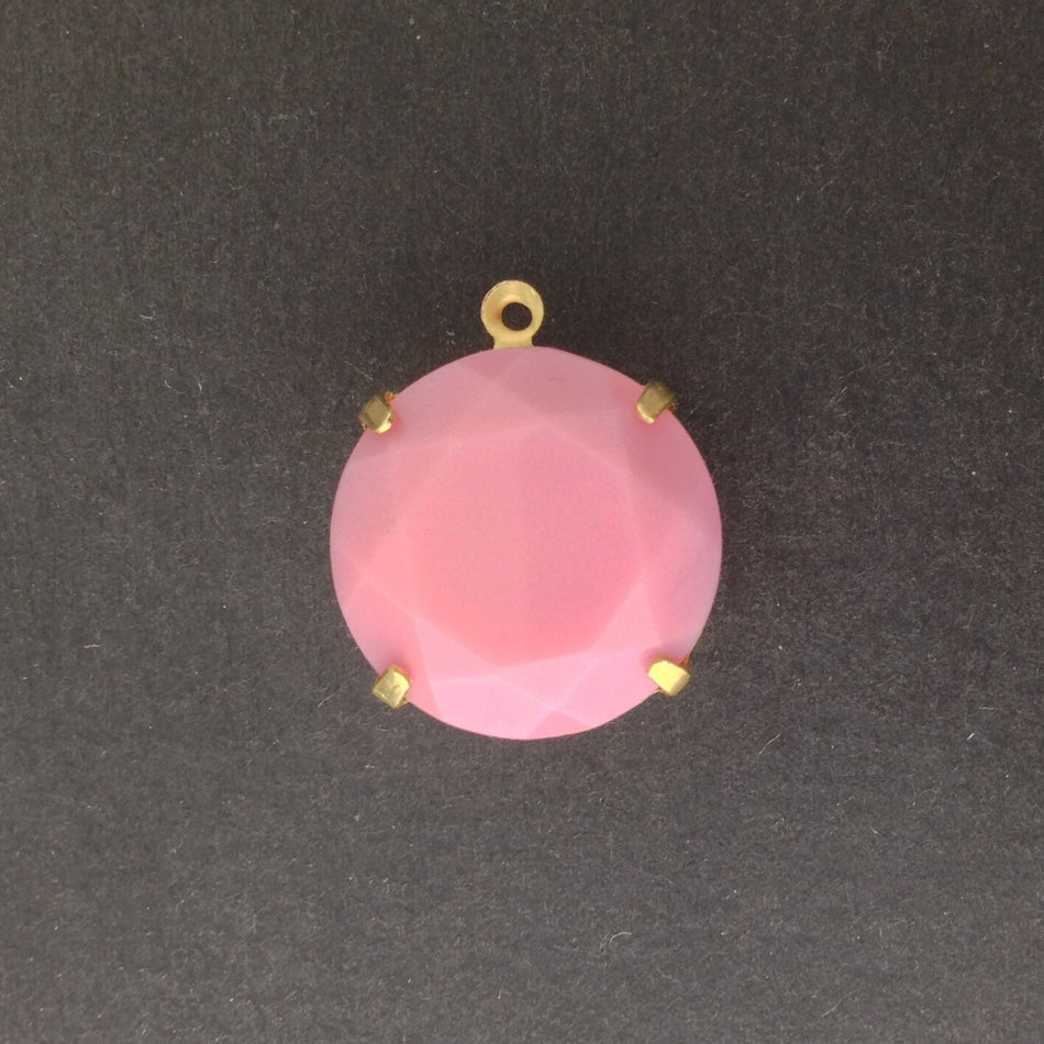 Vintage Opaque Pink Faceted Glass Stone 1 Loop Brass Setting 20mm (1) rnd016B