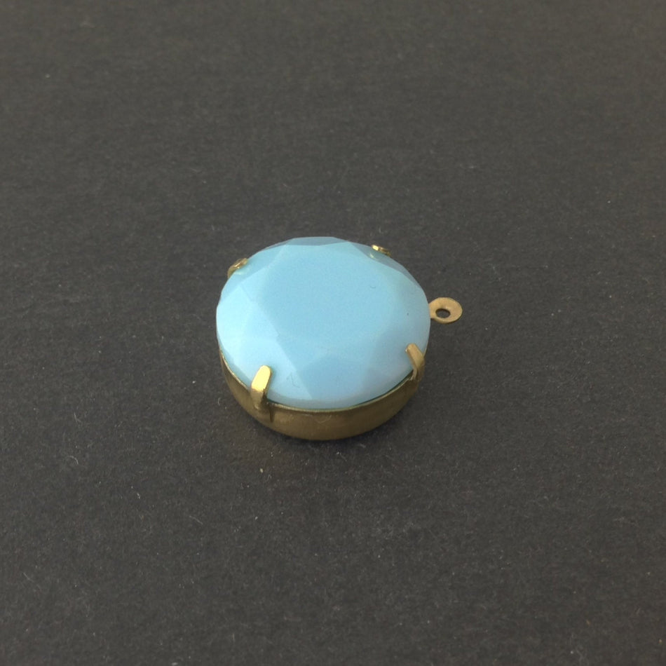 Vintage Opaque Light Blue Faceted Glass Stone 1 Loop Brass Setting 20mm (1) rnd016E