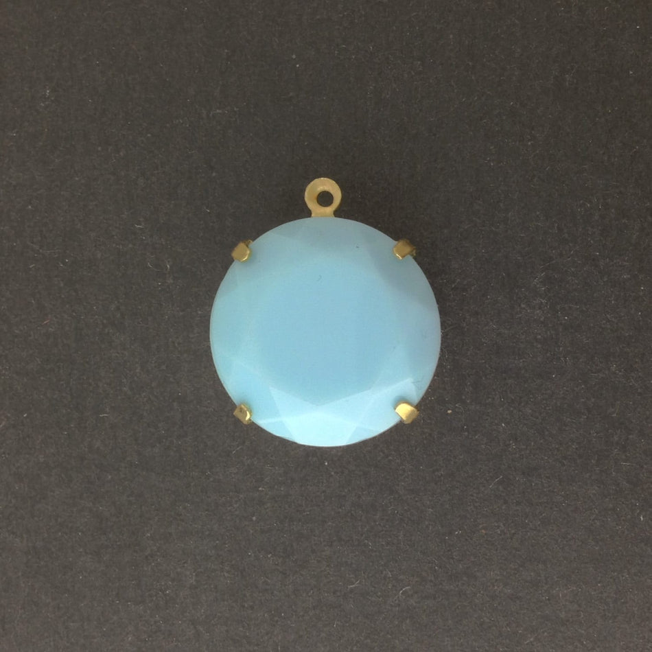 Vintage Opaque Light Blue Faceted Glass Stone 1 Loop Brass Setting 20mm (1) rnd016E