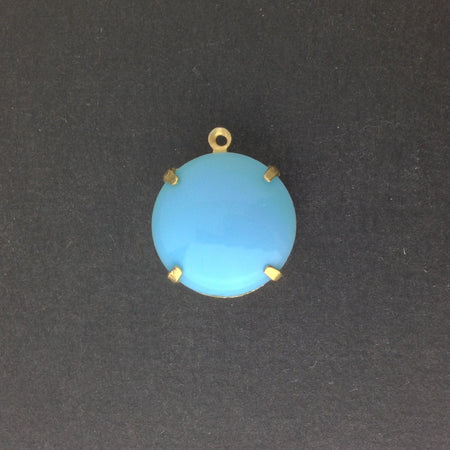 Vintage Opaque Blue Glass Stones 1 Loop Brass Settings 20mm (1) rnd015D