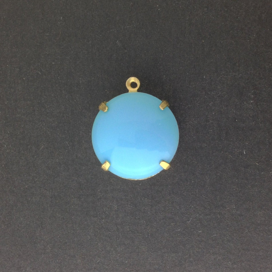Vintage Opaque Blue Glass Stones 1 Loop Brass Settings 20mm (1) rnd015D