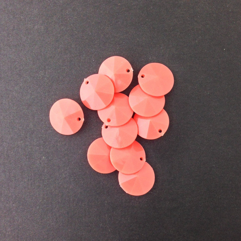 Vintage Faceted Coral Round Disk Charms Drops 15mm (12) chr026N