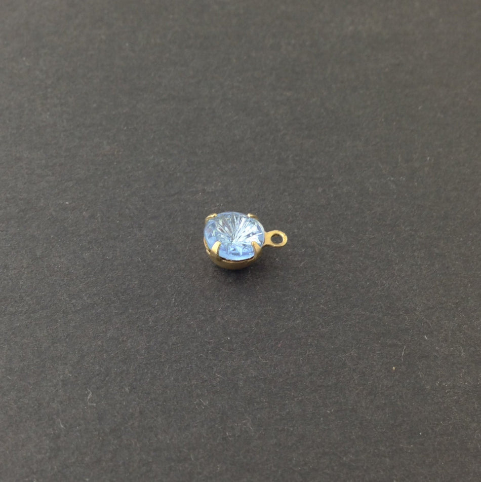 Vintage Etched Swirl Light Sapphire Glass Stone 1 Loop Brass Setting Drops 7mm (6) rnd001CC