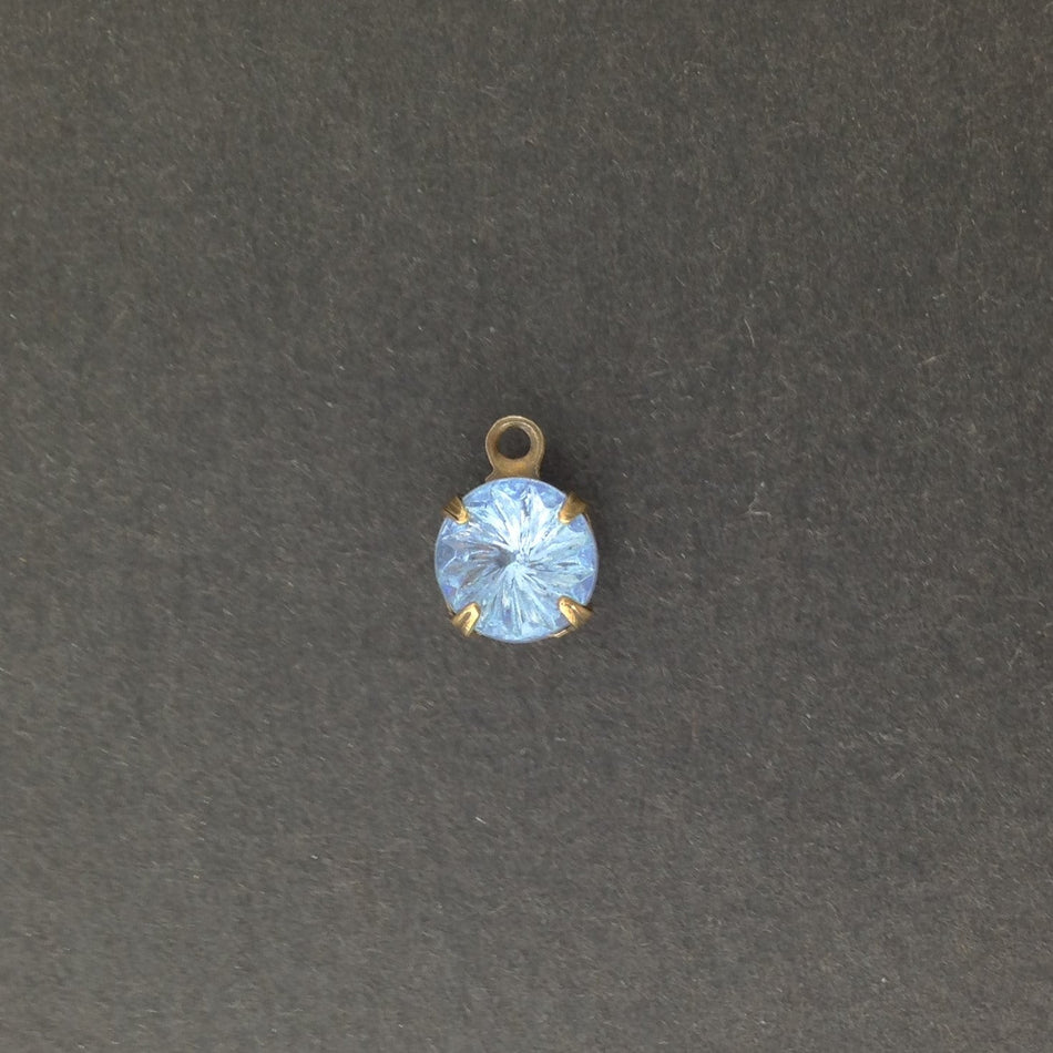 Vintage Etched Swirl Light Sapphire Glass Stone 1 Loop Brass Ox Plated Setting Drops 7mm (6) rnd007CC