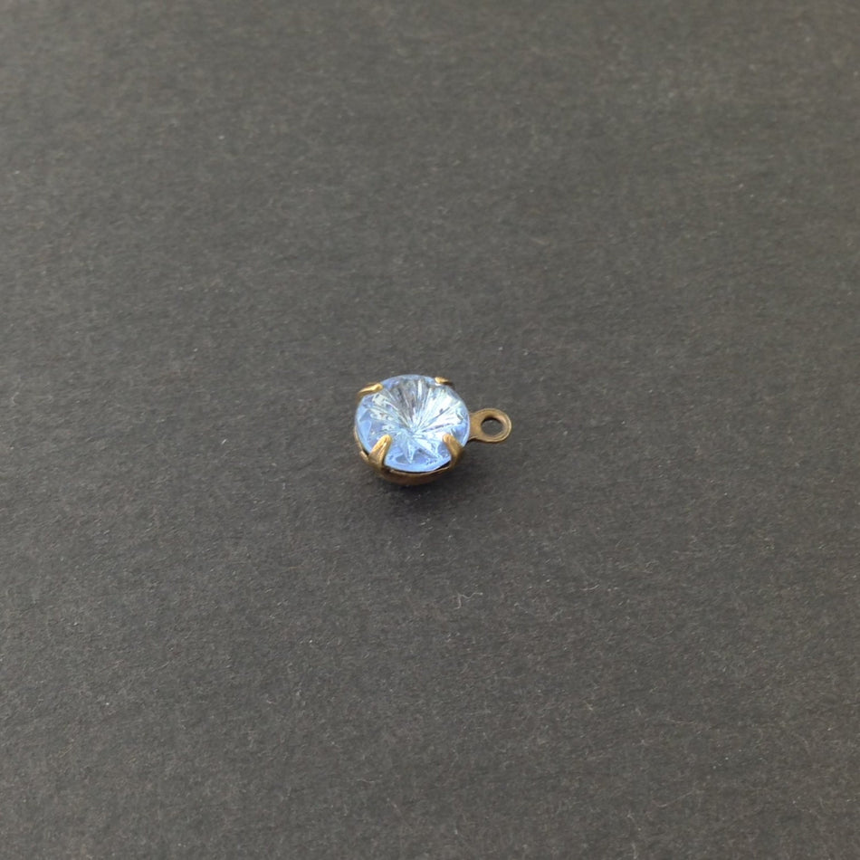 Vintage Etched Swirl Light Sapphire Glass Stone 1 Loop Brass Ox Plated Setting Drops 7mm (6) rnd007CC