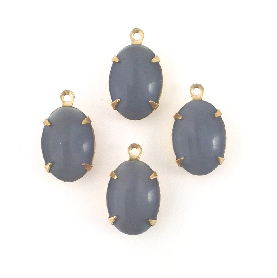 Vintage Grey Moonglow Glass Stone 1 Loop Brass Setting 14x10mm ovl009N