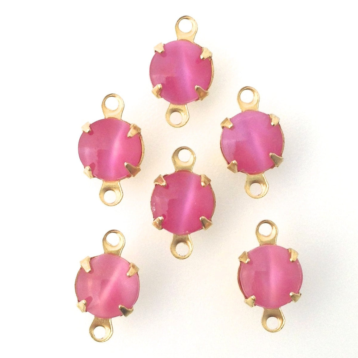 Pink Moonglow Glass Stone 2 Loop Brass Setting Drops 7mm (6) rnd001Y2