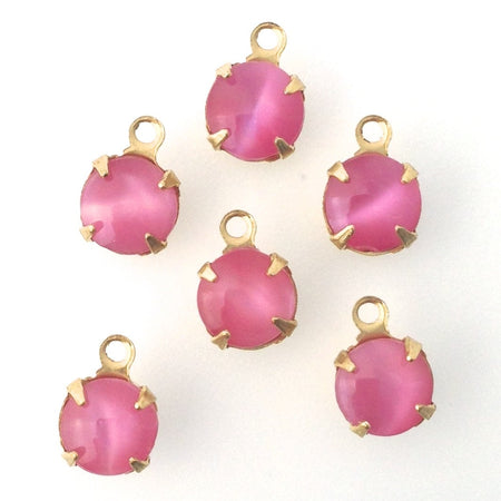 Pink Moonglow Glass Stone 1 Loop Brass Setting Drops 7mm (6) rnd001Y