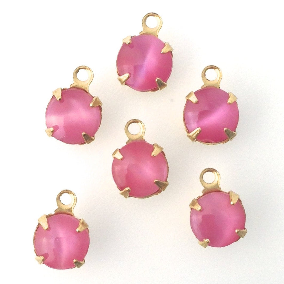 Pink Moonglow Glass Stone 1 Loop Brass Setting Drops 7mm (6) rnd001Y