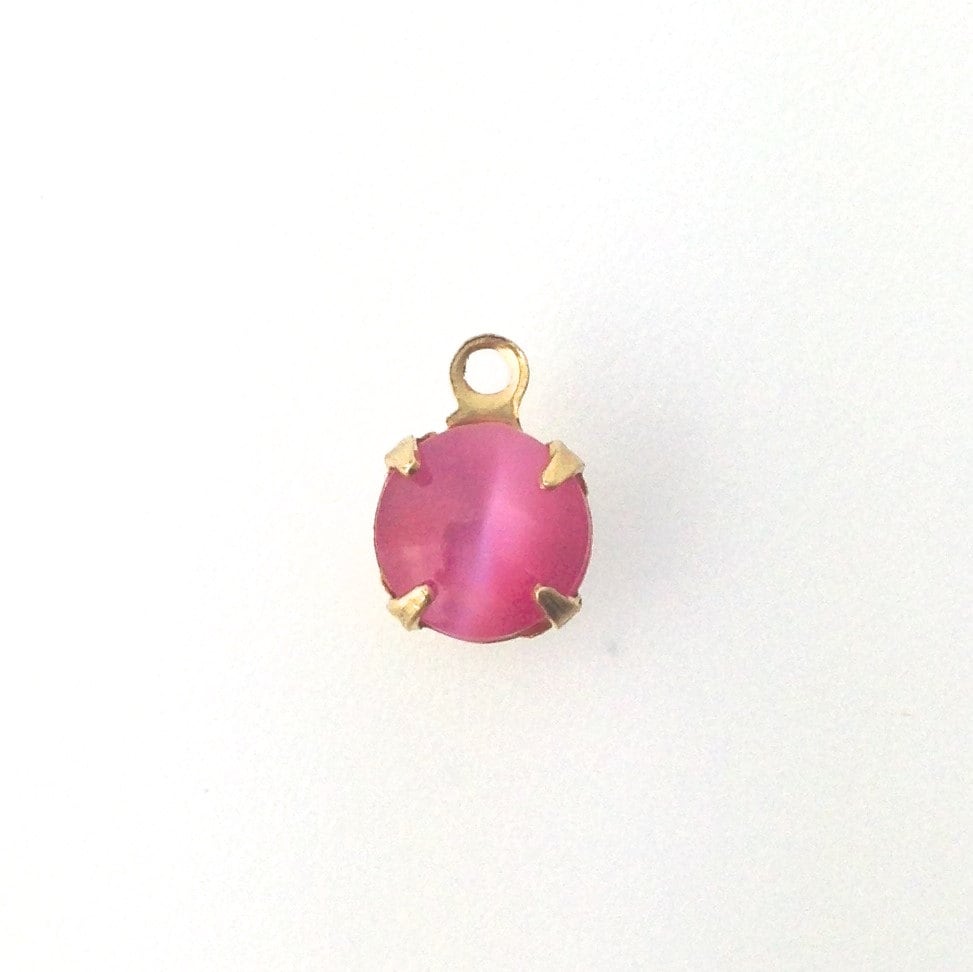 Pink Moonglow Glass Stone 1 Loop Brass Setting Drops 7mm (6) rnd001Y