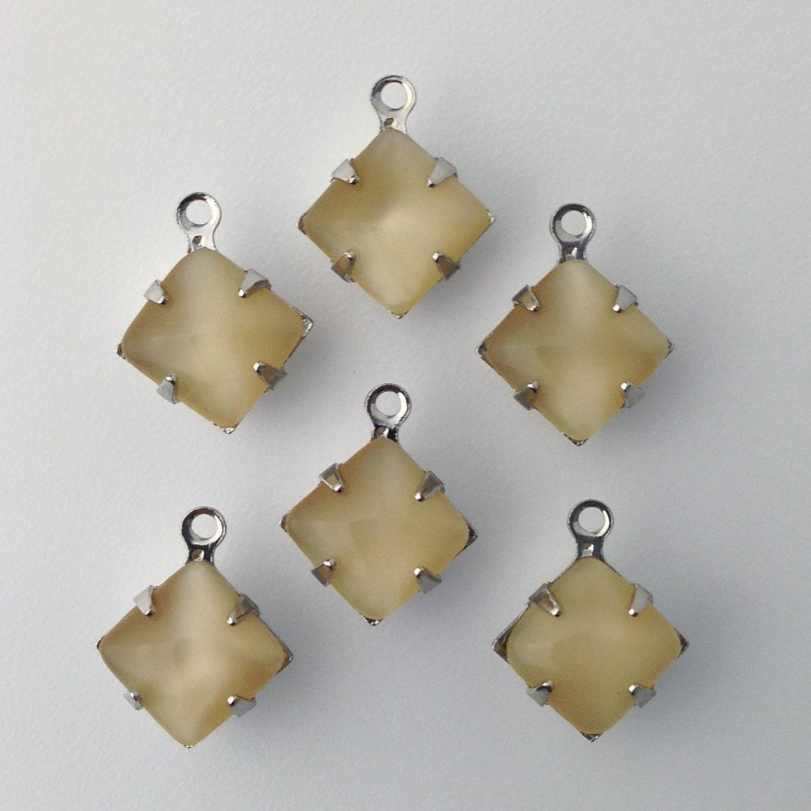 Beige Moonstone Square Glass Stones 1 Loop Silver Setting 8mm (6) squ008WW