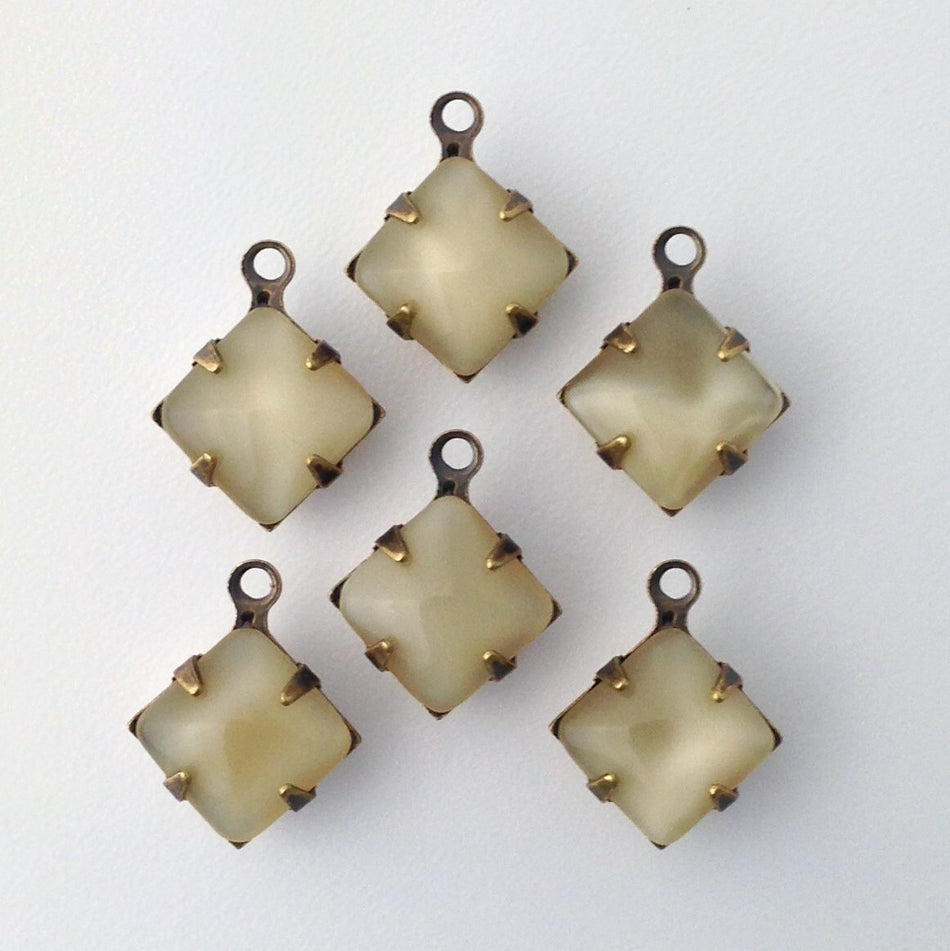 Beige Moonstone Square Glass Stones 1 Loop Brass Ox Setting 8mm (6) squ017WW
