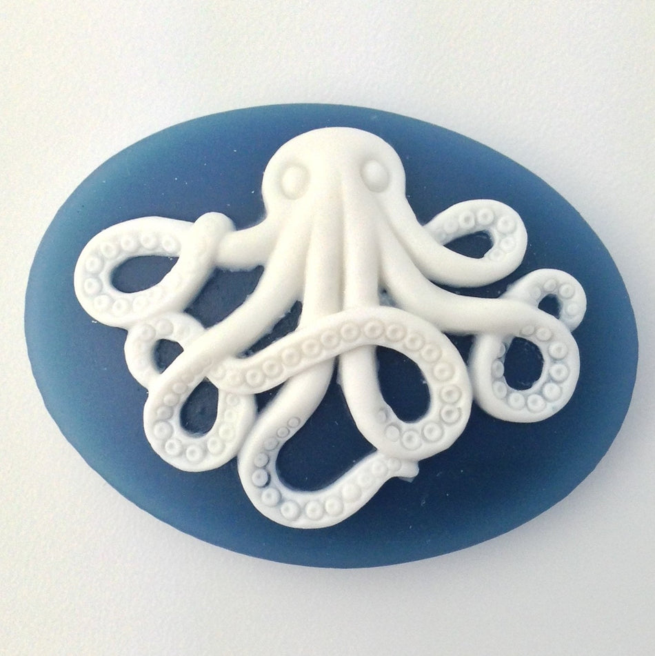 White Octopus on Blue Cameo Acrylic Cabochons 40x30mm (2) cab842L