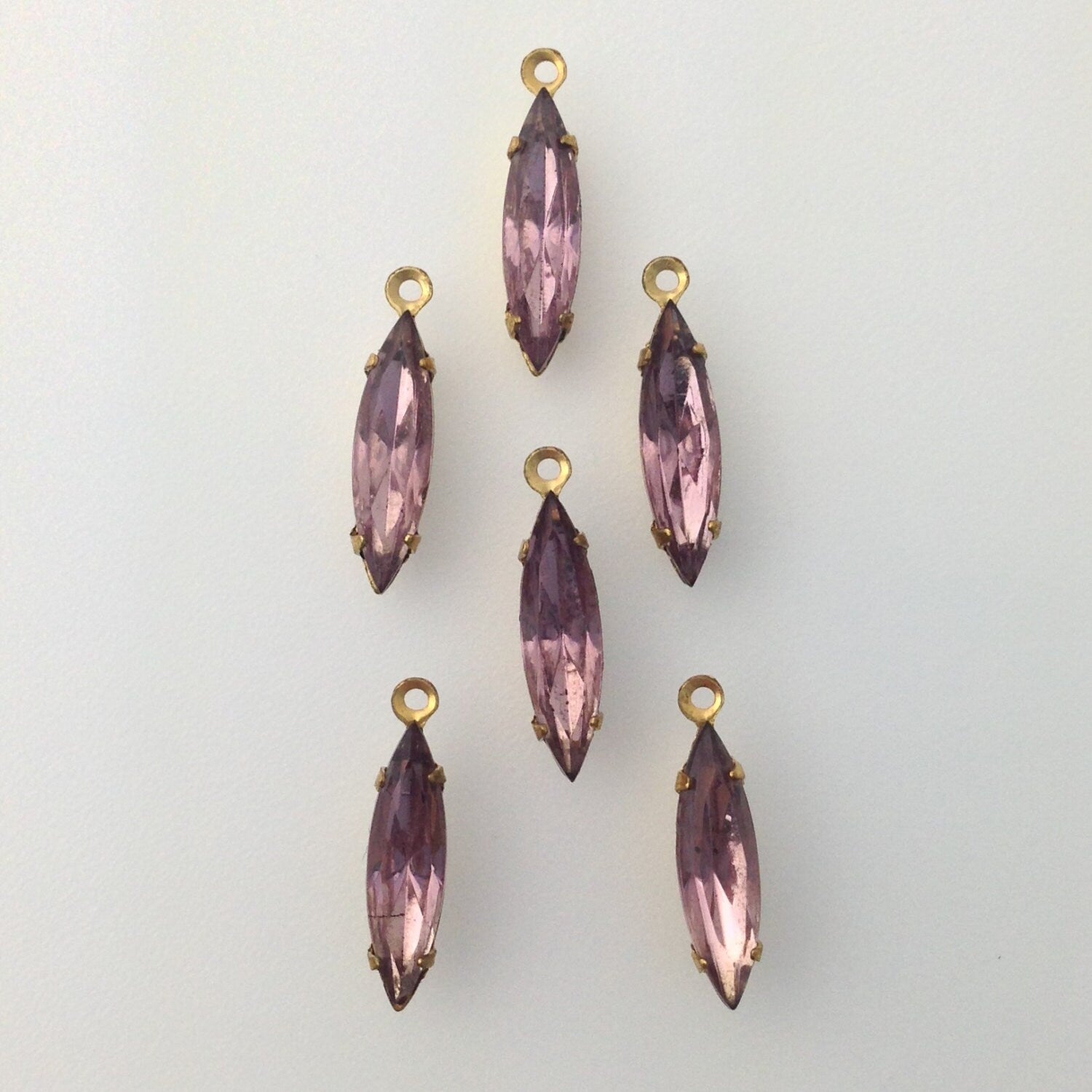 Faceted Light Amethyst Glass Navette Stones Brass 1 Loop Setting 15x4mm (6) nav003Q