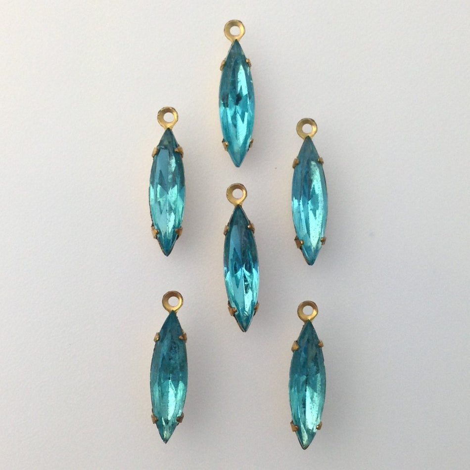 Faceted Aqua Glass Navette Stones Brass 1 Loop Setting 15x4mm (6) nav003R