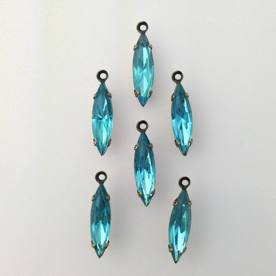 Faceted Aqua Glass Navette Stones Brass Ox 1 Loop Setting 15x4mm (6) nav008R