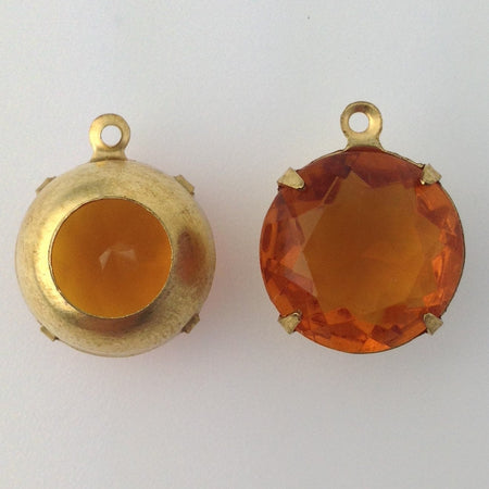 Vintage Topaz Faceted Glass Stones 1 Loop Brass Settings 15mm (2) rnd012L
