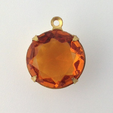 Vintage Topaz Faceted Glass Stones 1 Loop Brass Settings 15mm (2) rnd012L