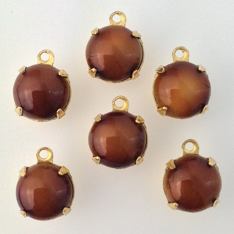 Vintage Tiger Eye Glass Stone 1 Loop Brass Setting Drops 8.5mm (6) rnd009J