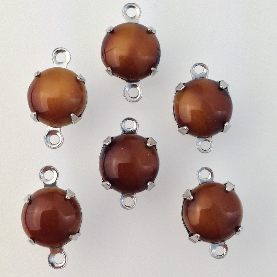 Vintage Tiger Eye Glass Stone 2 Loop Silver Plated Setting rnd013J2