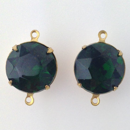 Vintage Turmalin Faceted Glass Stones 2 Loop Brass Settings 15mm rnd012M2